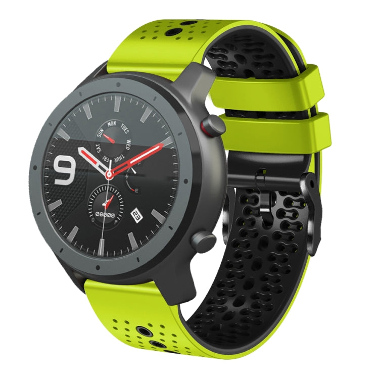 Perforated two-tone silicone watch band with lime green and black strap segments
