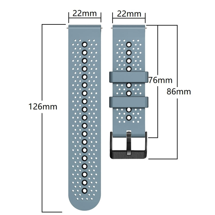 Perforated silicone watch band size diagram, 22mm width, 126mm length shown