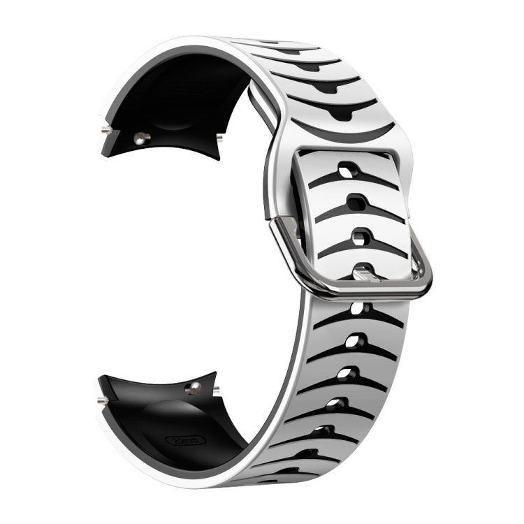 Curved texture silicone watch band in white and black, perforated with metal clasp