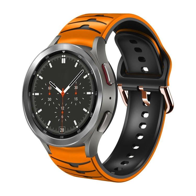 Curved texture silicone watch band in orange and black, perforated with metal clasp