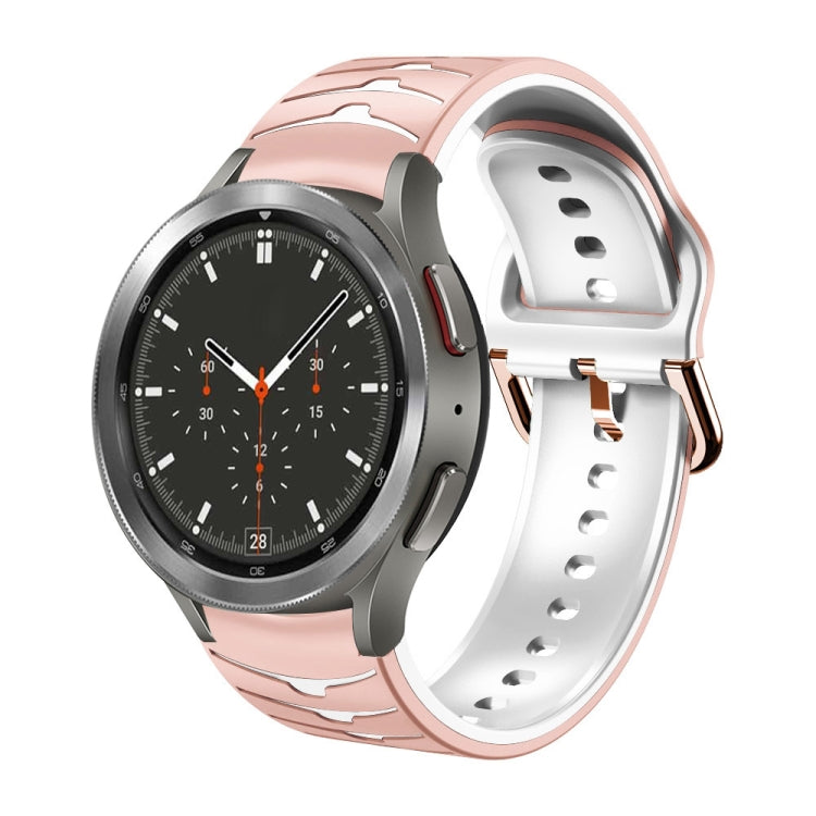 Curved texture silicone watch band in pink and white, perforated with metal clasp