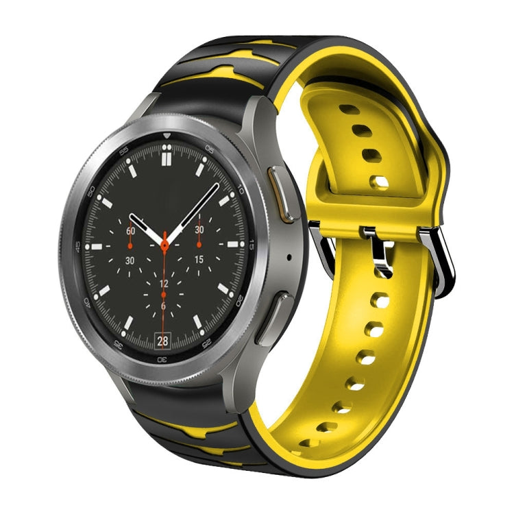 Curved texture silicone watch band in yellow and black, perforated with metal clasp