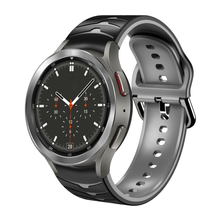 Curved texture silicone watch band in gray and black, perforated with metal clasp