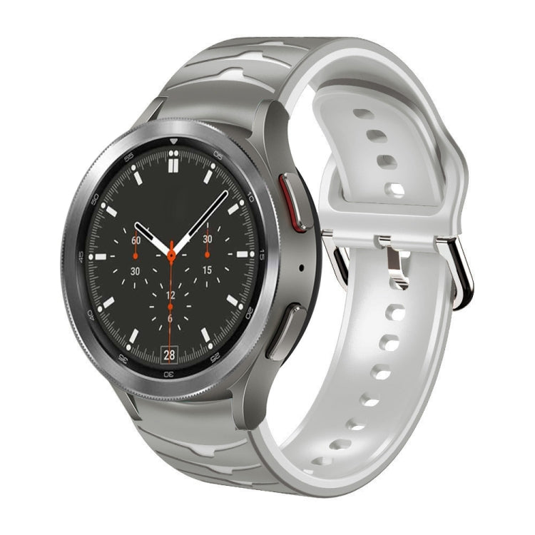 Curved silicone watch band with white strap and gray accents for Galaxy Watch 4