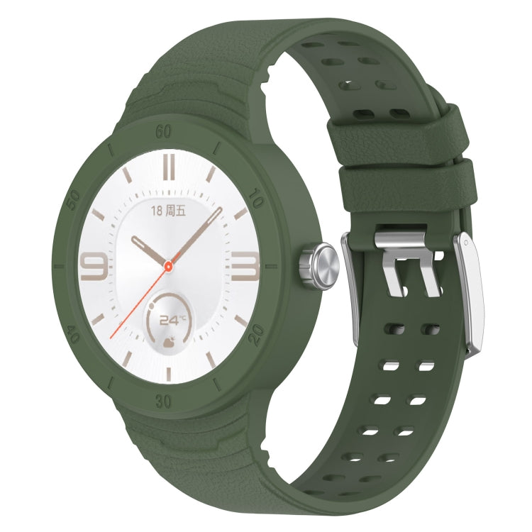 Dark green silicone integrated watch band with perforated strap and metal clasp