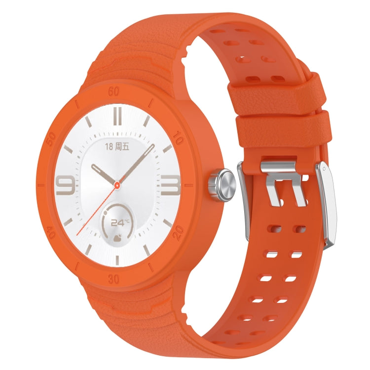 Orange silicone integrated watch band with perforated holes and metal clasp