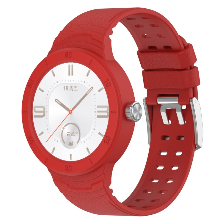Red silicone integrated watch band with perforated strap and metal clasp
