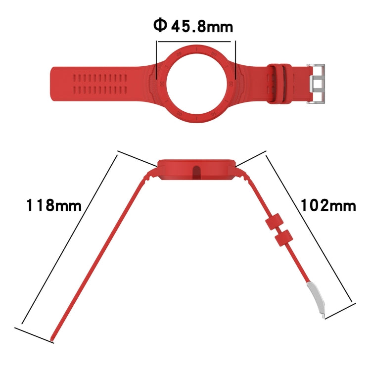 Red silicone integrated watch band with metal clasp and size measurements