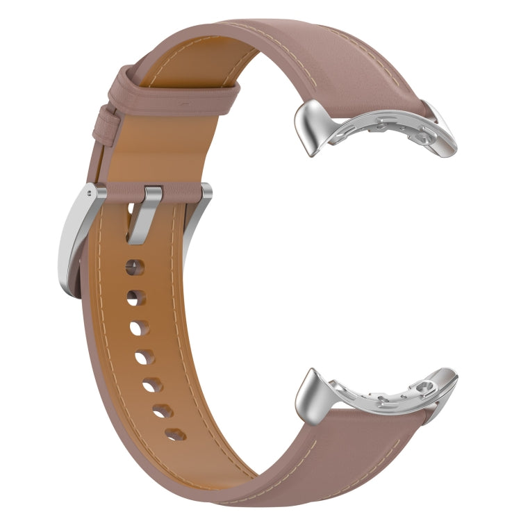 Leather embossed sewing watch band, light brown front view, metal clasp and perforated holes