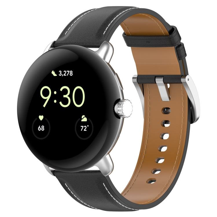 Leather embossed sewing watch band with metal buckle, black strap and perforated hole row