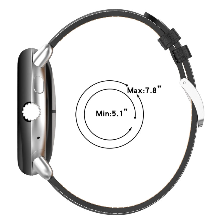 Black leather embossed sewing watch band on silver watch case, adjustable length markings