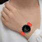 Red silicone watch band with metal connector on wrist, 41mm smart watch