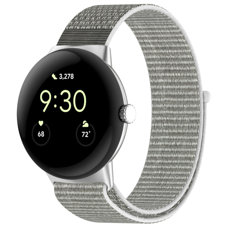 Grayish white nylon weave watch band with metal clasp for round smartwatch