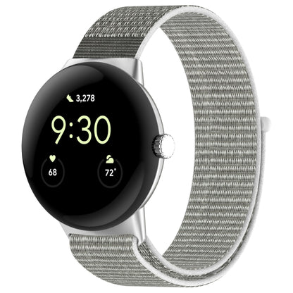 Grayish white nylon weave watch band with metal clasp for round smartwatch