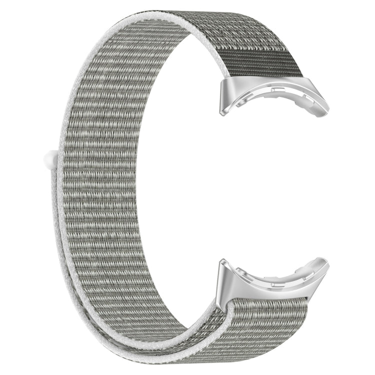 Grayish white nylon weave watch band, metal clasp side view for smartwatch