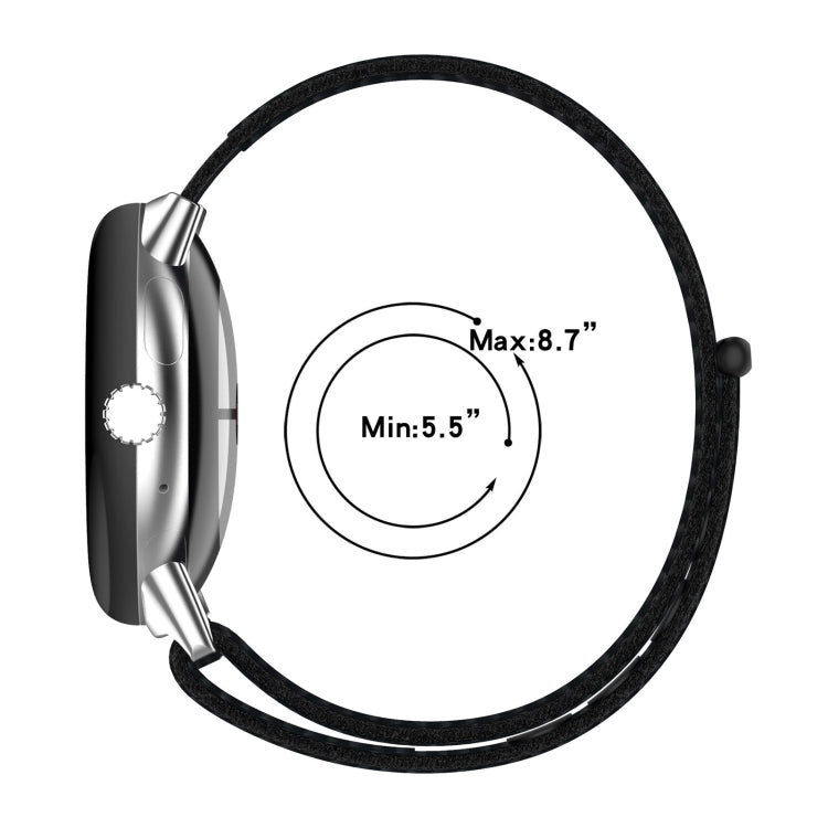 Black nylon weave watch band with metal clasp and fit range diagram