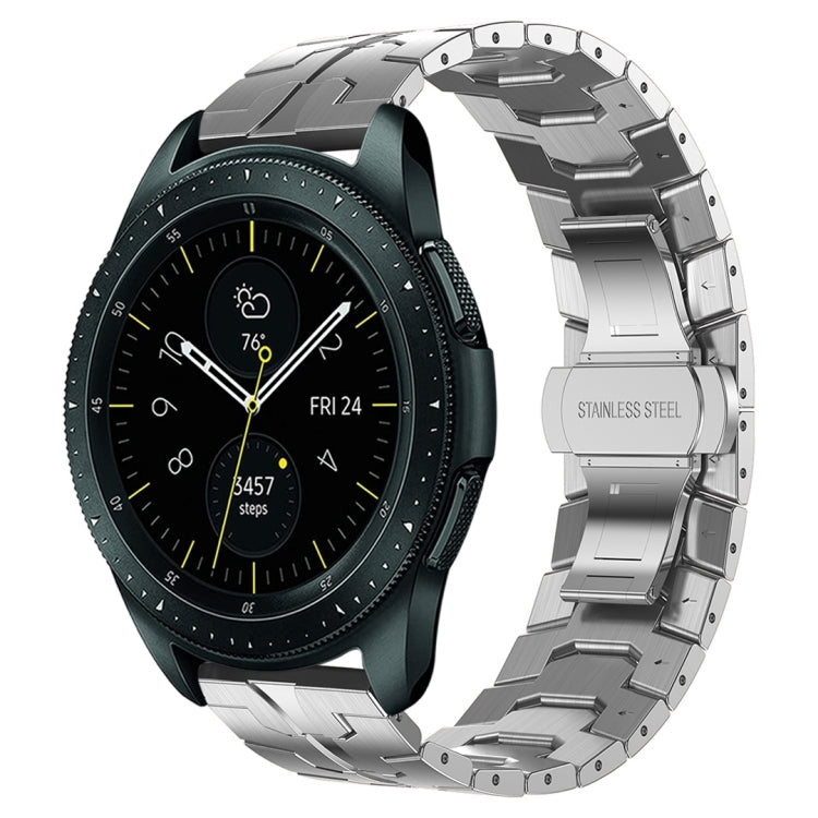 Stainless steel metal watch band with dark green strap panels and silver links, smartwatch