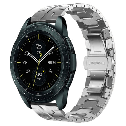 Stainless steel metal watch band with dark green strap panels and silver links, smartwatch