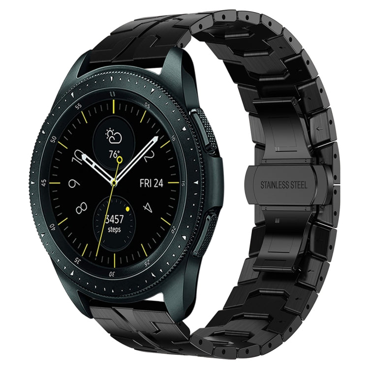 Black stainless steel watch band with orange accent links, armor style.