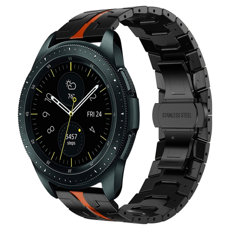 Black stainless steel armor watch band with bright orange stripe links.