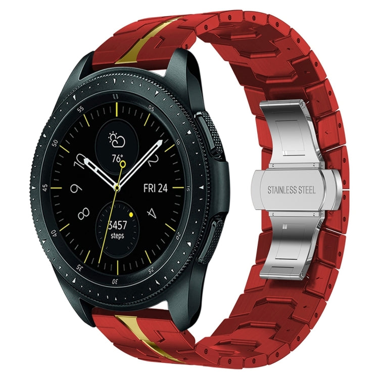 Red stainless steel armor watch band with gold accent stripe.