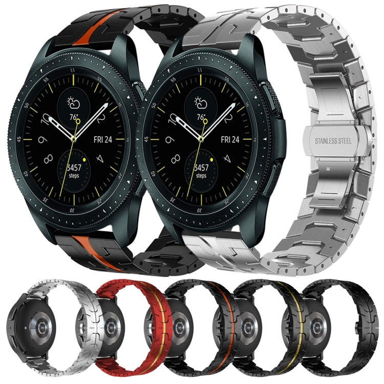 Set of stainless steel smartwatch bands in black, white, red, and orange color options