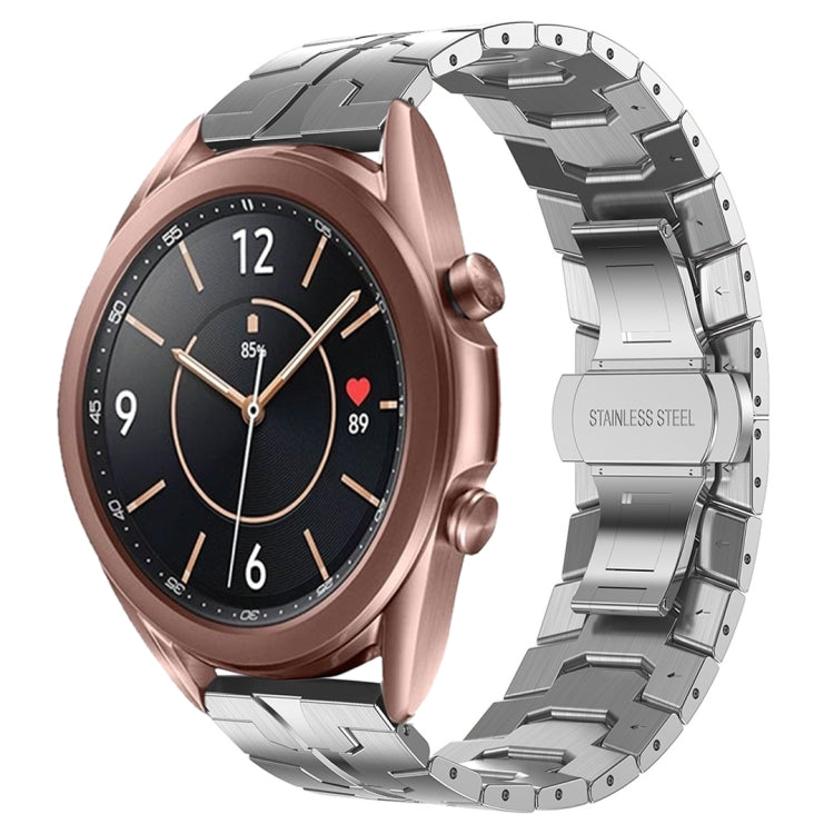 Rose gold watch with silver stainless steel armor band links.