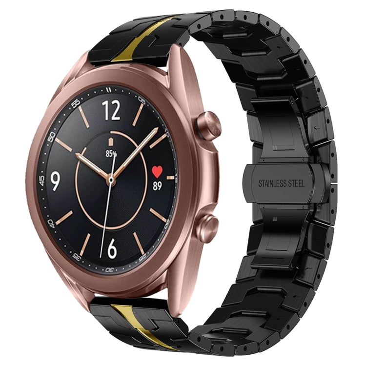 Rose gold watch with black stainless steel armor band and gold accents.