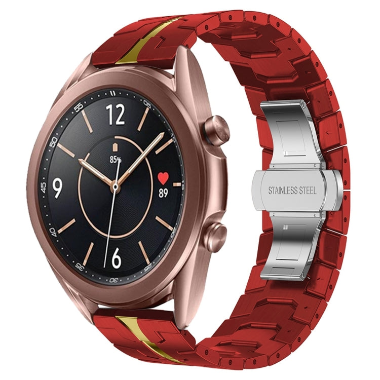 Red stainless steel watch band with yellow-green accents, paired with rose gold smartwatch