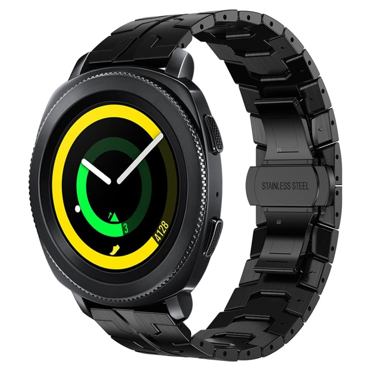 Black smartwatch with neon yellow-green bezel, paired with black stainless steel band