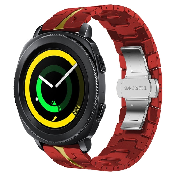 Red stainless steel watch band with yellow accents, paired with black smartwatch