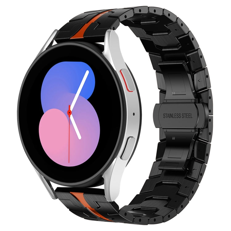 Silver stainless steel watch band with orange accents and black link sides, for smart watch