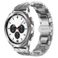 Silver stainless steel watch band with black bezel and chronograph-style white watch face