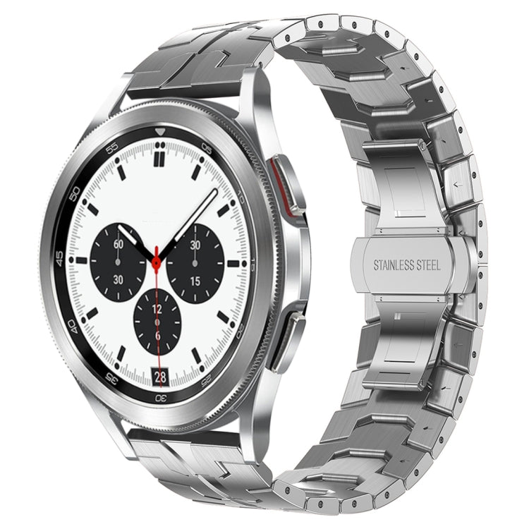 Silver stainless steel watch band with black bezel and chronograph-style white watch face