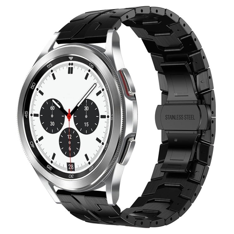 Silver stainless steel watch band with black accents and chronograph-style white watch face