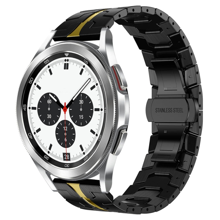 Silver stainless steel watch band with yellow accents and chronograph-style white watch face