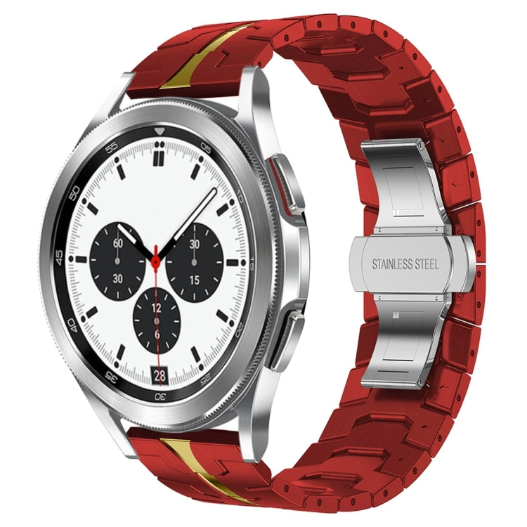 Stainless steel metal watch band with red links and yellow accents, for smart watch