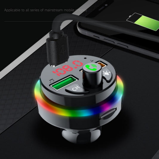 PDF16 Car Bluetooth 5.0 FM Transmitter Colorful Ambient Light Type C Dual USB Fast Charging Charger, PDF16