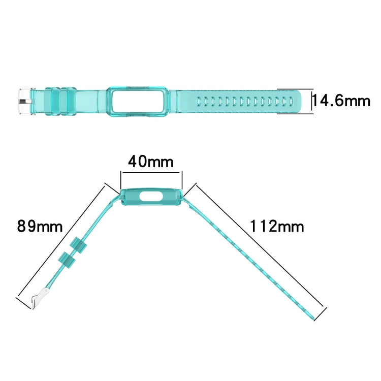 Teal TPU integrated watch band size diagram with clasp and perforated strap