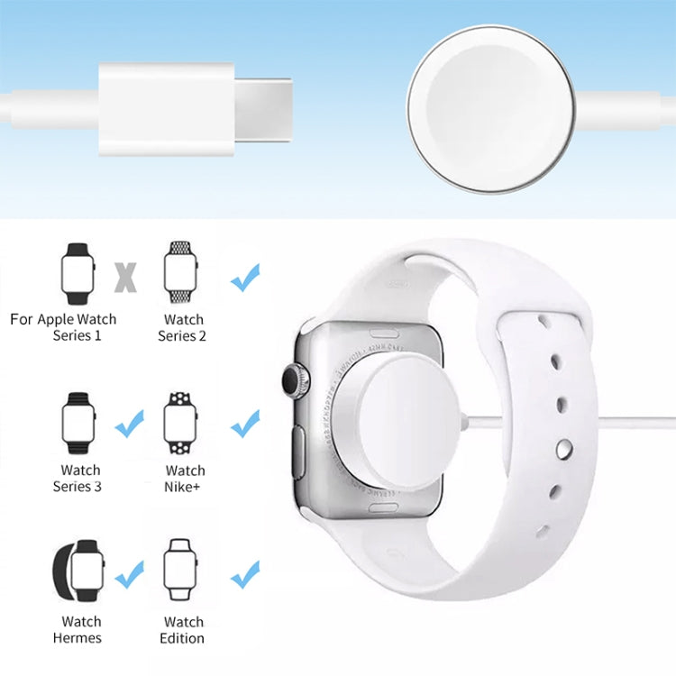 Magnetic charging cable with white USB plug and Apple Watch compatibility icons