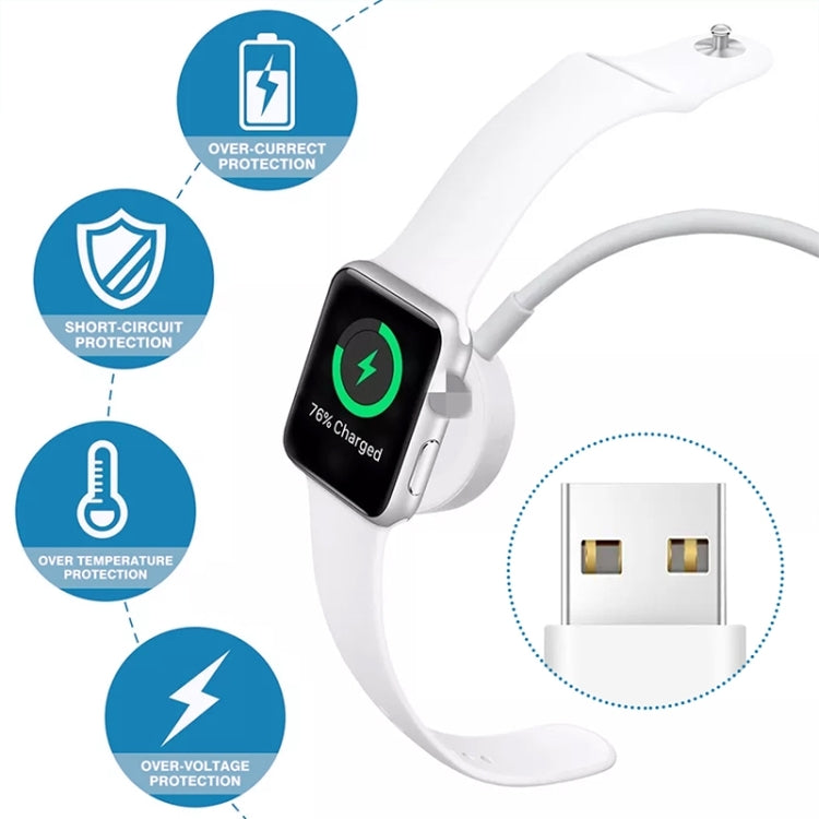 Magnetic charger cable with safety protection icons and white USB connector detail