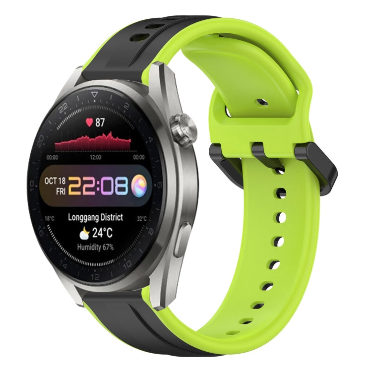 22mm two-color silicone watch band in lime green and black with curved loop links