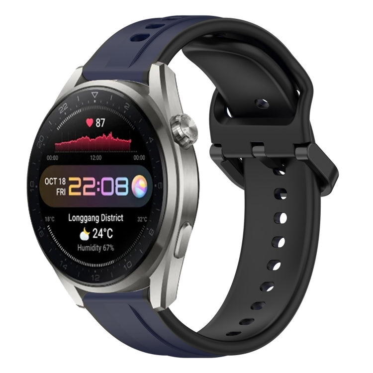 Two-color 22mm silicone watch band with convex loop, dark navy band with black top.