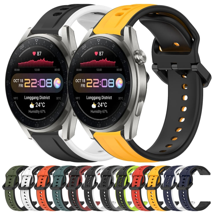 Two-color 22mm silicone watch bands with convex loop, black bands with yellow and white options.