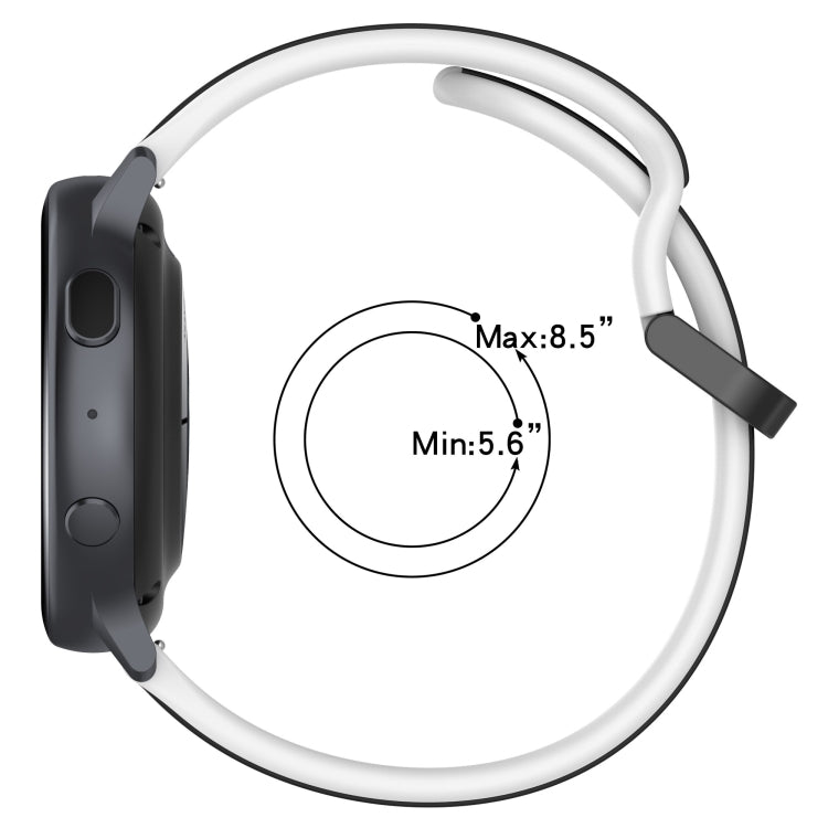 White silicone watch band with clasp; max 8.5 in and min 5.6 in fit.