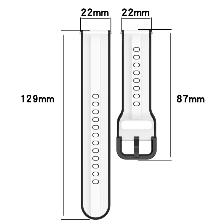 Two-color silicone band dimensions: 129mm length, 87mm width, 22mm connector tabs.