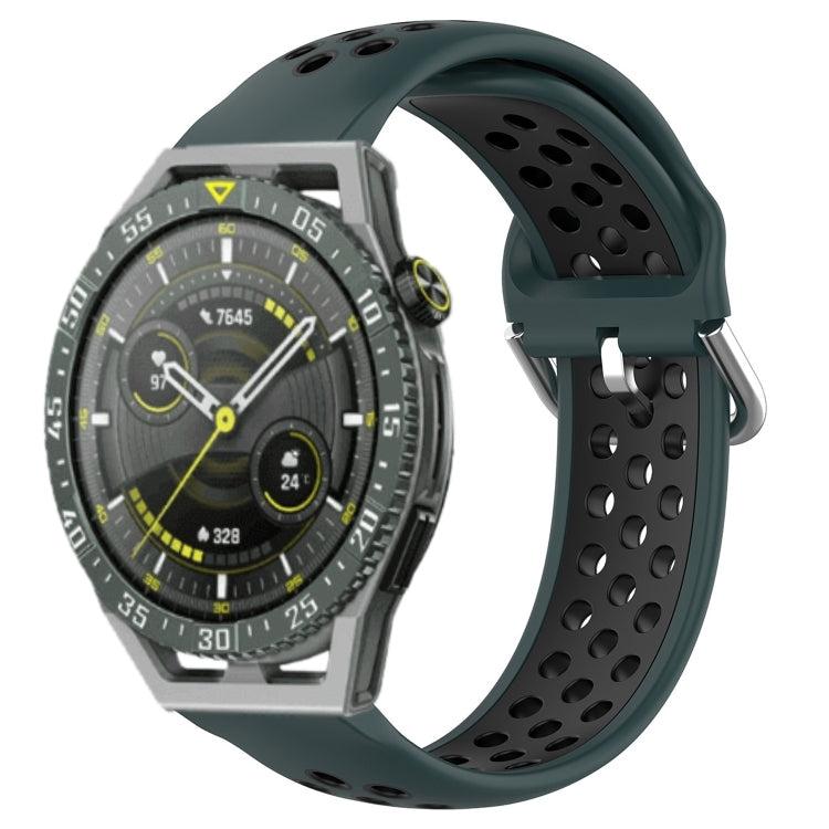 Perforated sports silicone watch band in dark green with oval ventilation holes