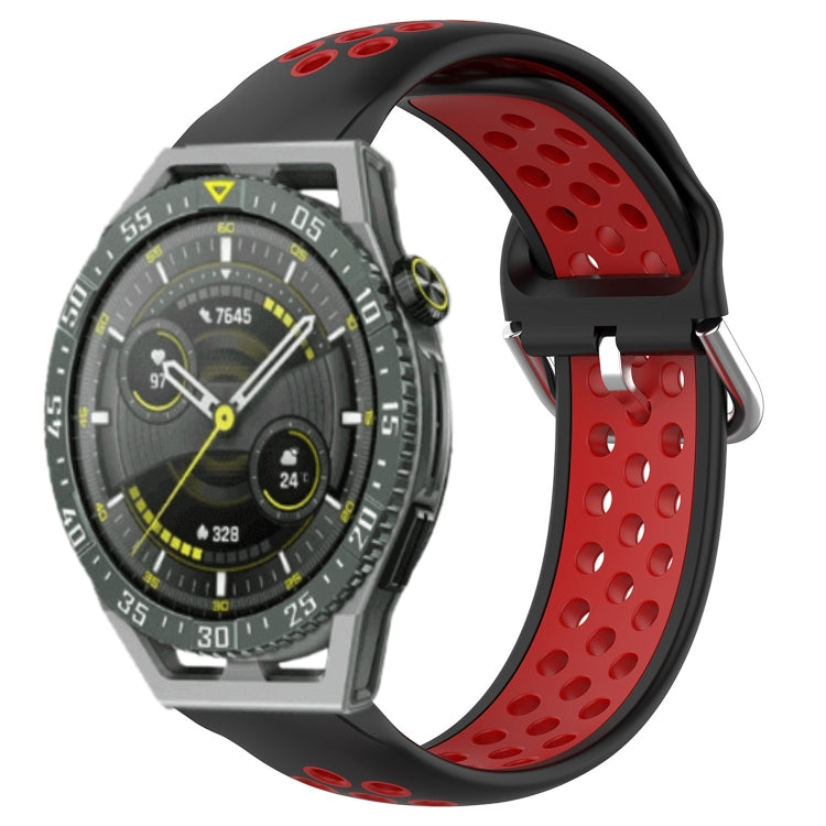 Perforated sports silicone watch band in red with oval ventilation holes and black edges