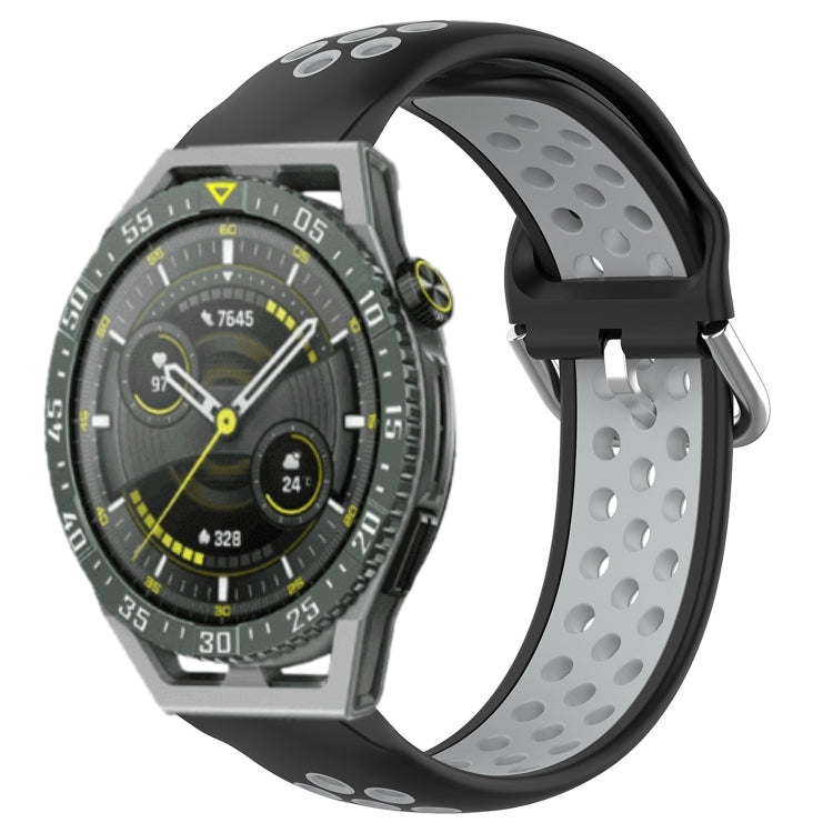 Perforated sports silicone watch band in gray with oval ventilation holes and black trim