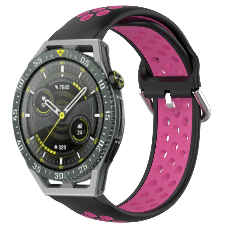 Perforated sports silicone watch band in pink with oval ventilation holes and magenta insert